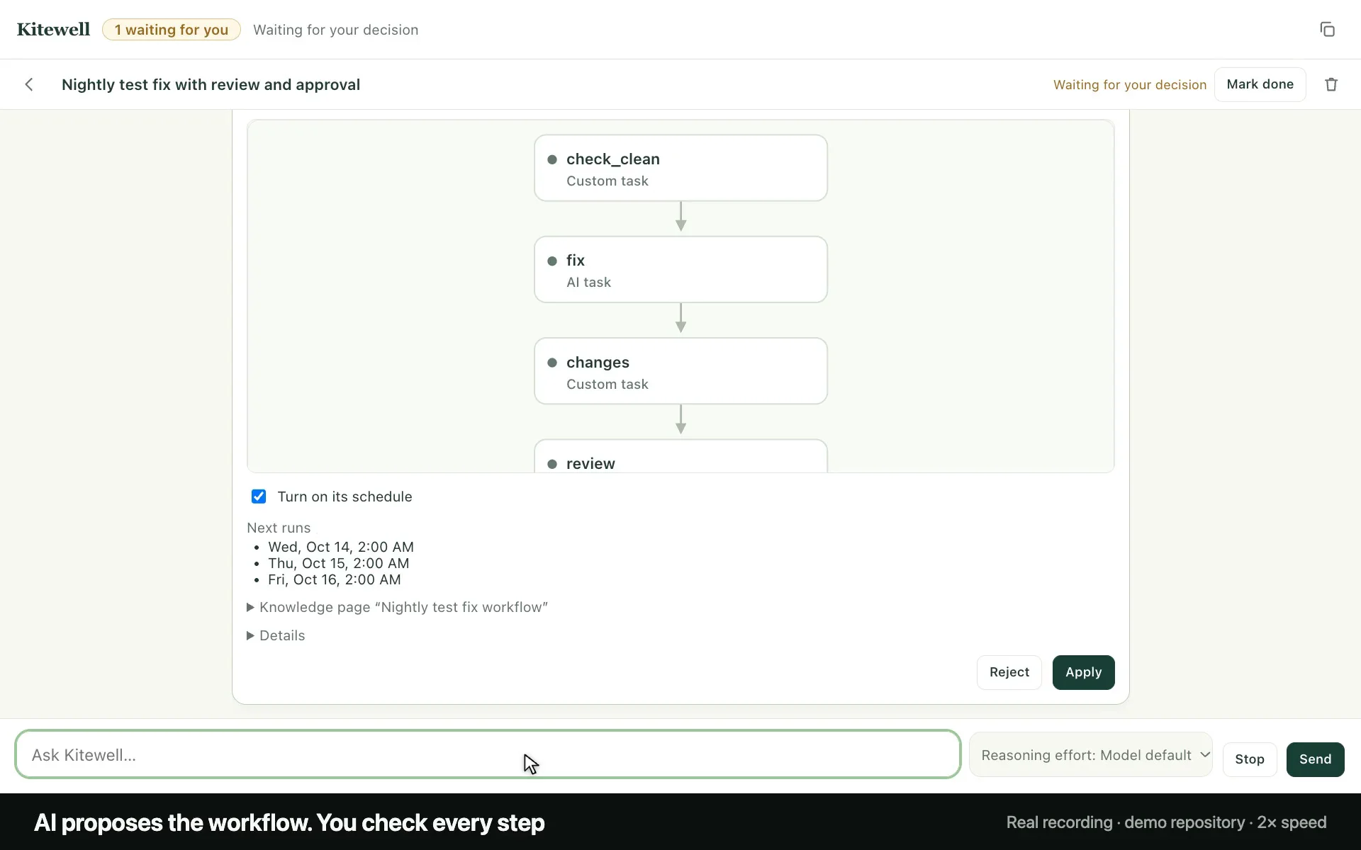 Kitewell's chat proposing a nightly workflow: check that the repository is clean, have Claude Code fix the failing tests, collect the changes, and have Codex review them, with the schedule's next runs and an Apply button