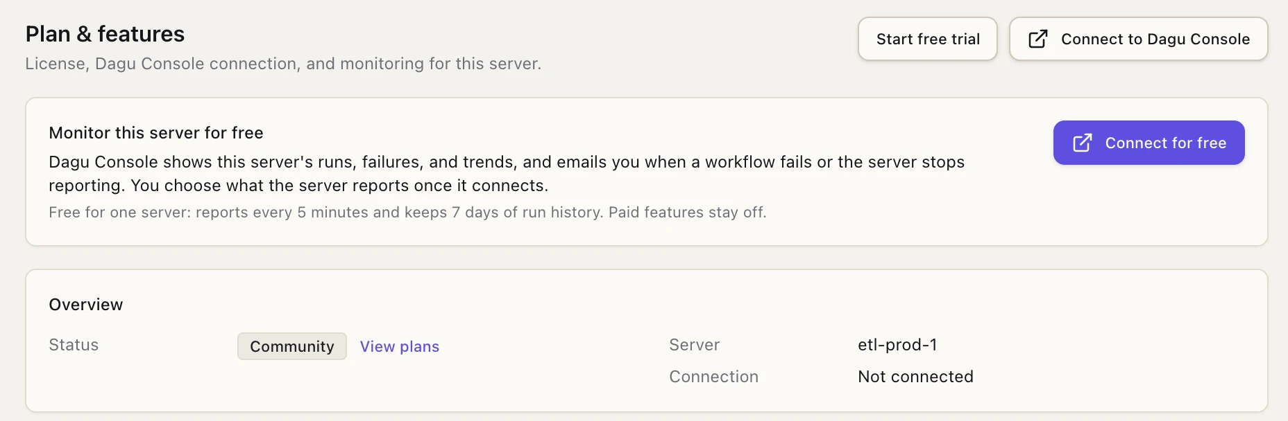 Dagu's Plan & features page on a Community server, with a Monitor this server for free card and a Connect for free button