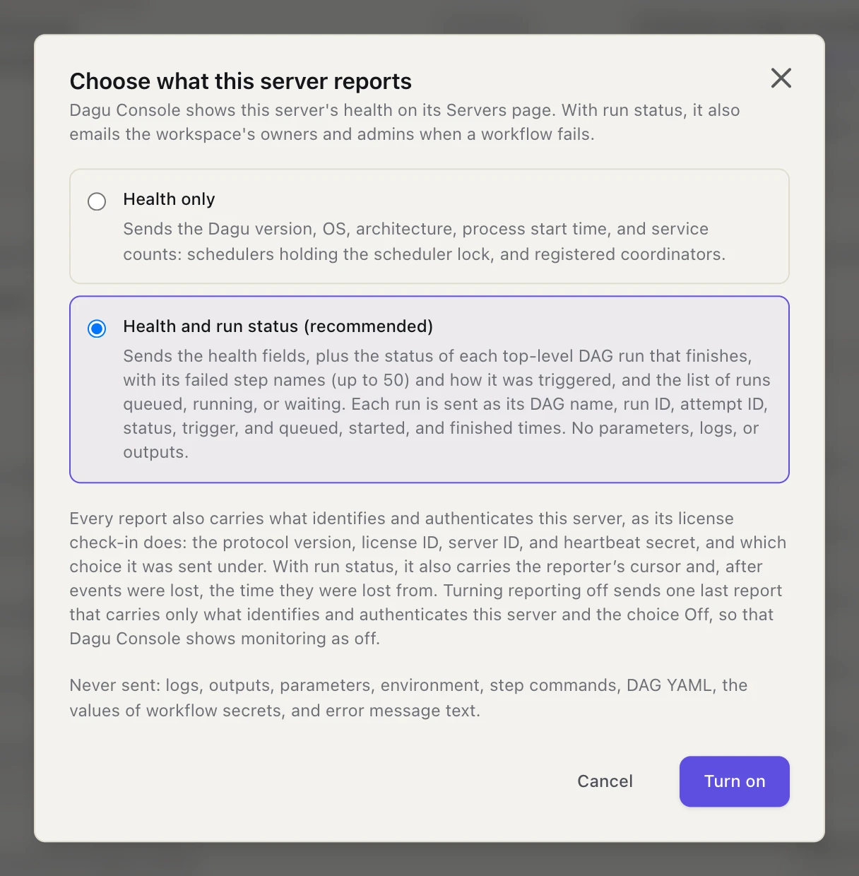 Dagu's Choose what this server reports dialog with two choices, Health only and Health and run status, each listing what it sends, followed by what every report carries and what is never sent