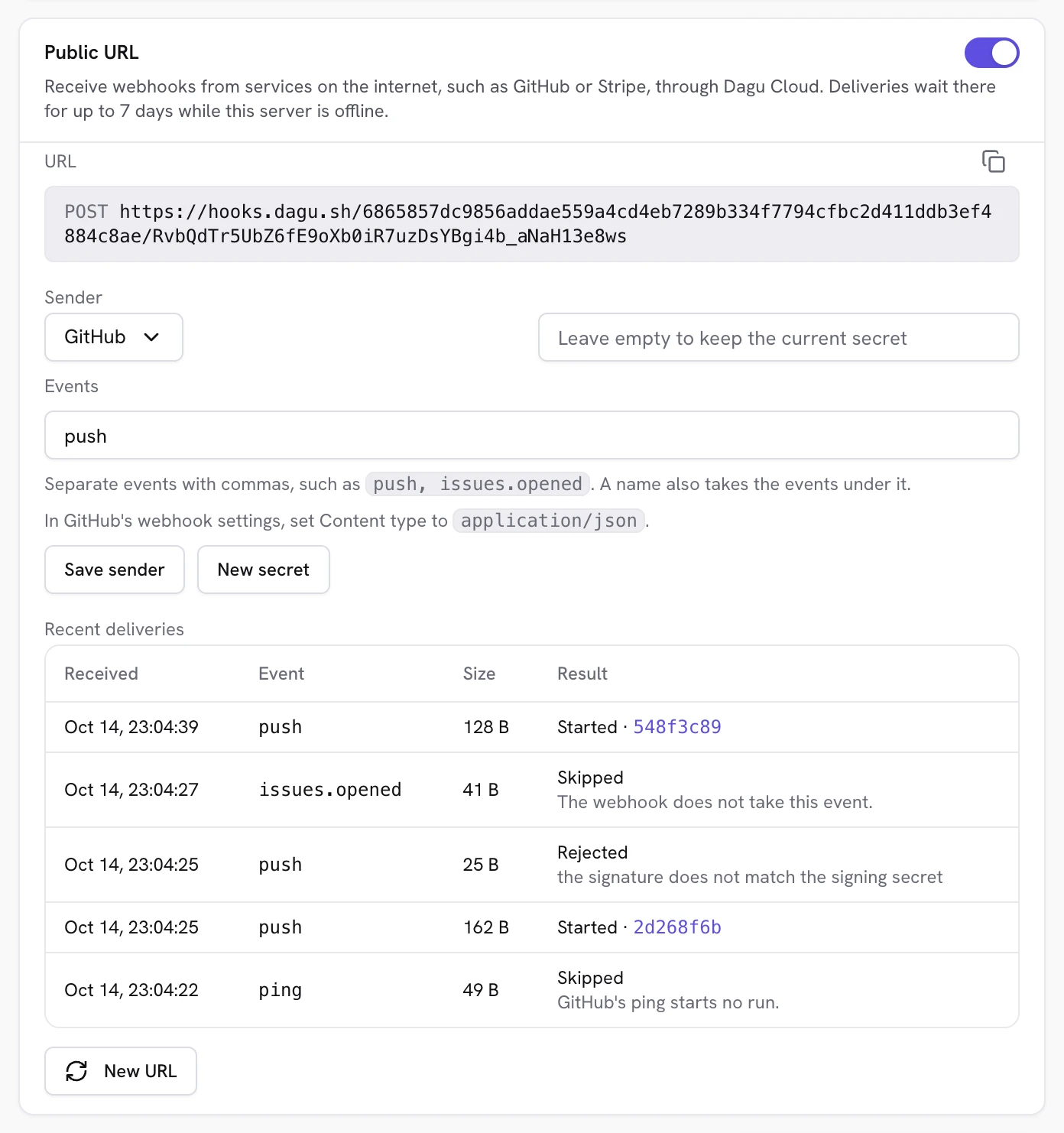 The Public URL card on a DAG's Webhook tab in Dagu: the URL at hooks.dagu.sh, GitHub chosen as the sender with push as the only event, and recent deliveries, where two pushes started runs, a ping and an issues.opened event were skipped, and a push with a bad signature was rejected