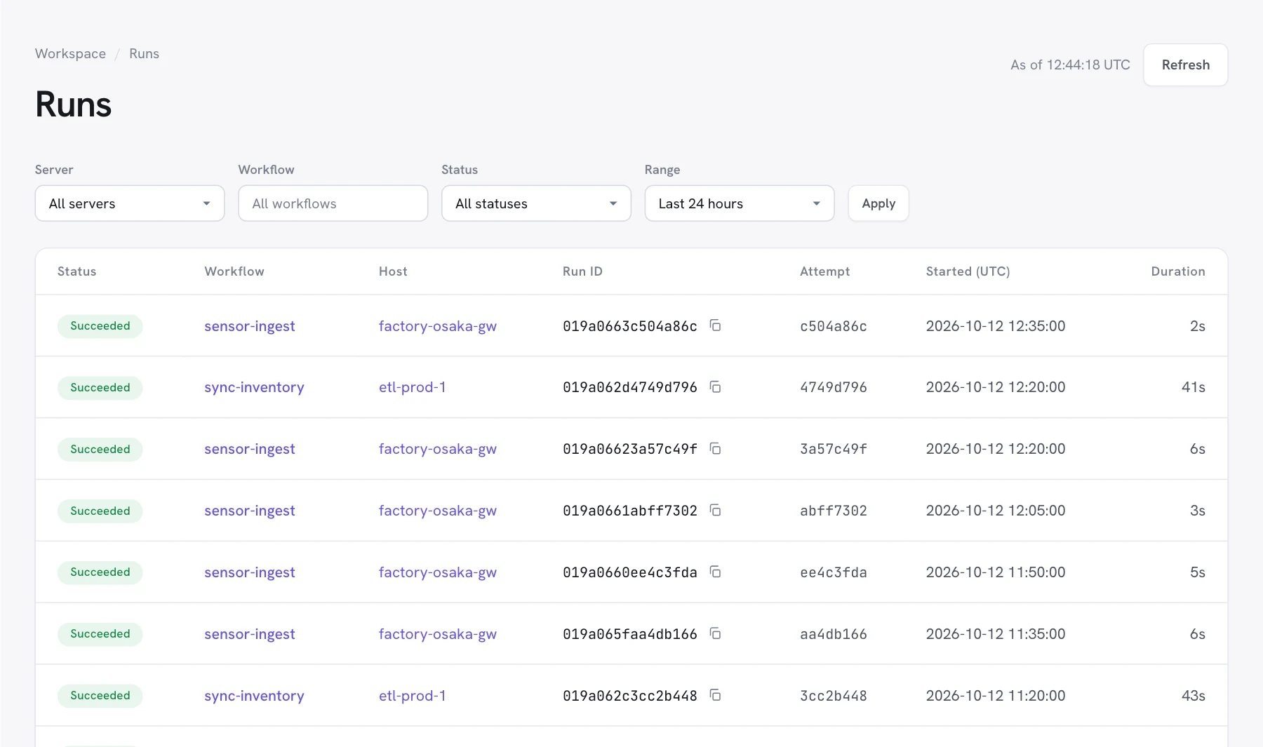 Runs page in Dagu Console listing finished runs from several servers, newest first, with server, workflow, status, and range filters